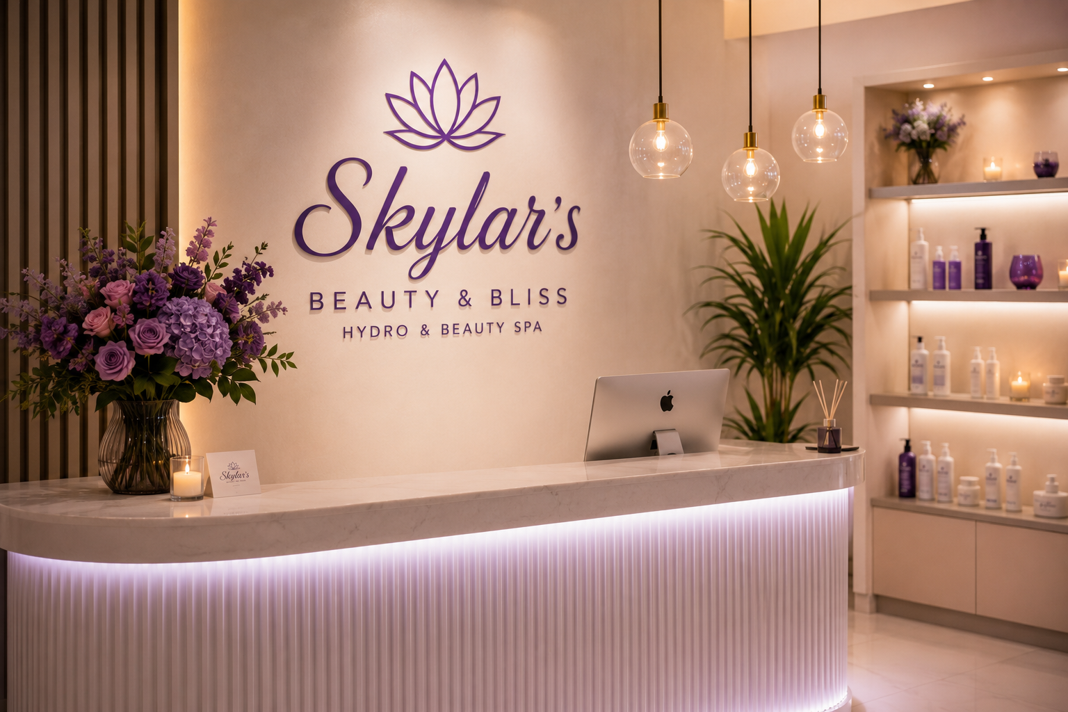 Luxurious spa reception ambiance at Skylar’s Beauty and Bliss